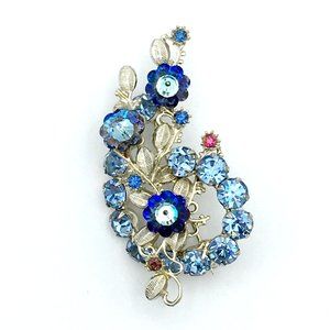 RIVOLI rhinestone vintage floral spray brooch - blue pink silver-tone flower pin